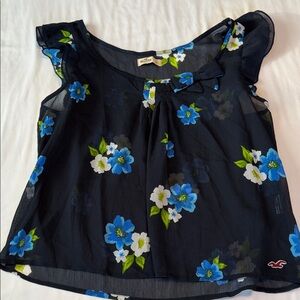 Hollister Sheer Blouse with Blue and White Floral Design